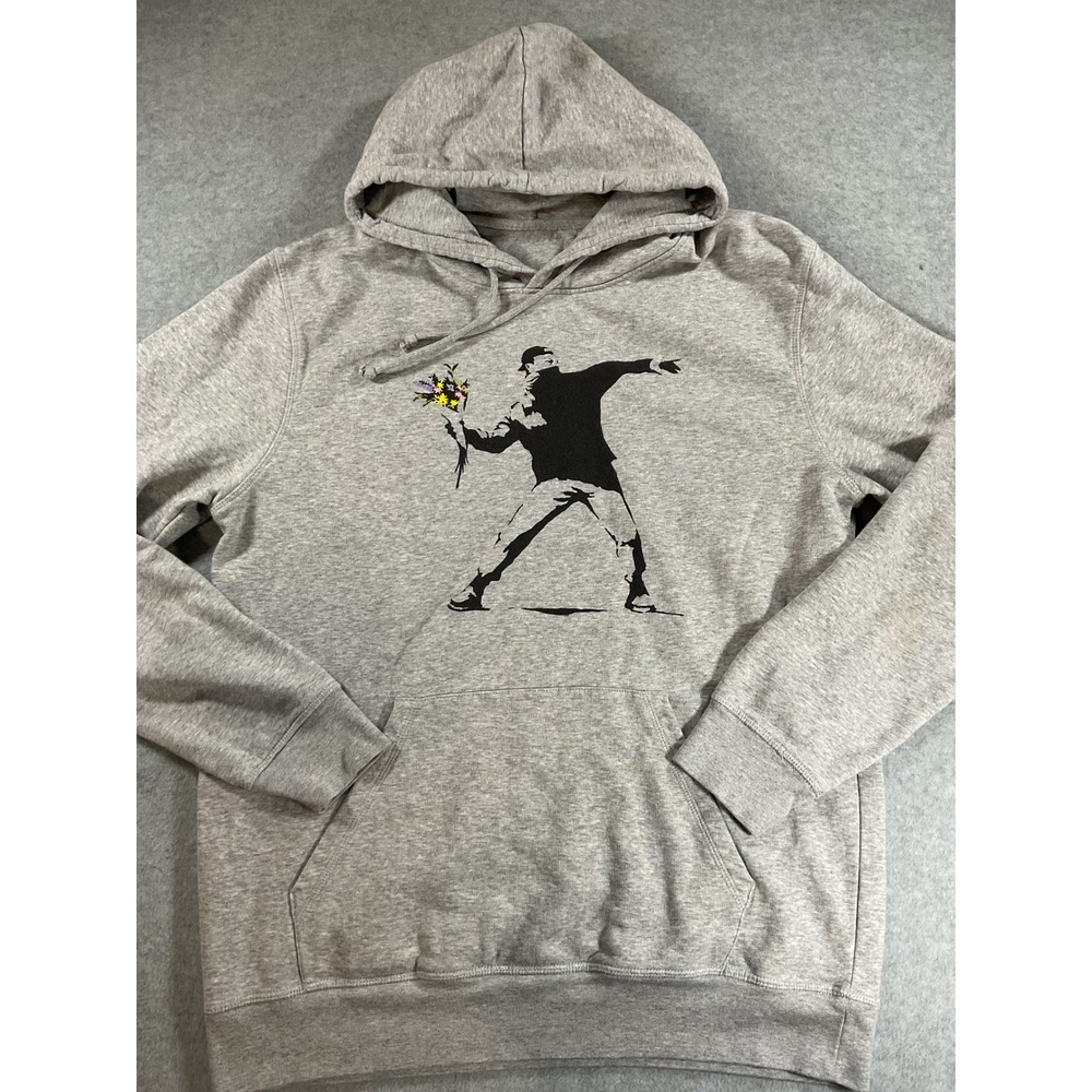 Banksy Flower Thrower Graphic Hoodie Mens Large Gray Street Art Pullover 1927